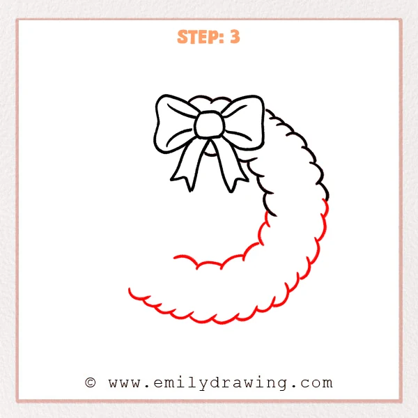 how to draw a christmas wreath - The Christmas wreath outline grows into a large curved ring with fluffy scalloped edges around the bow, leaving an open center.